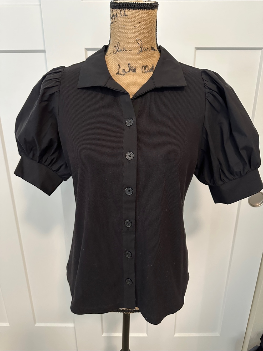 Black Puff Sleeve Button-Down Shirt with Structured Collar